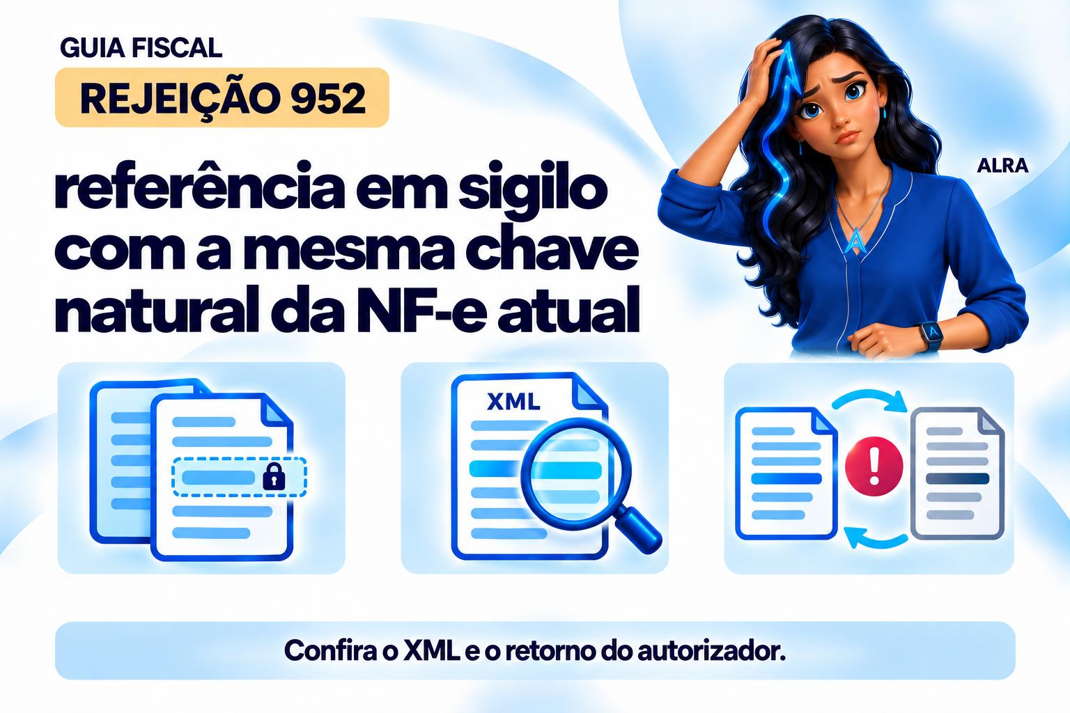 Capa ilustrada da ALRA: Rejeição 952: referência em sigilo com a mesma chave natural da NF-e atual.