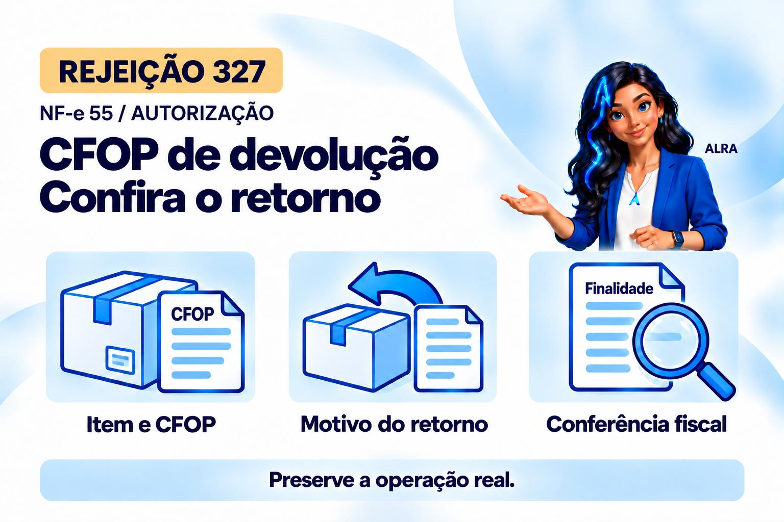 Capa ilustrada da ALRA: Rejeição 327 na NF-e: como conferir o CFOP de devolução e retorno.