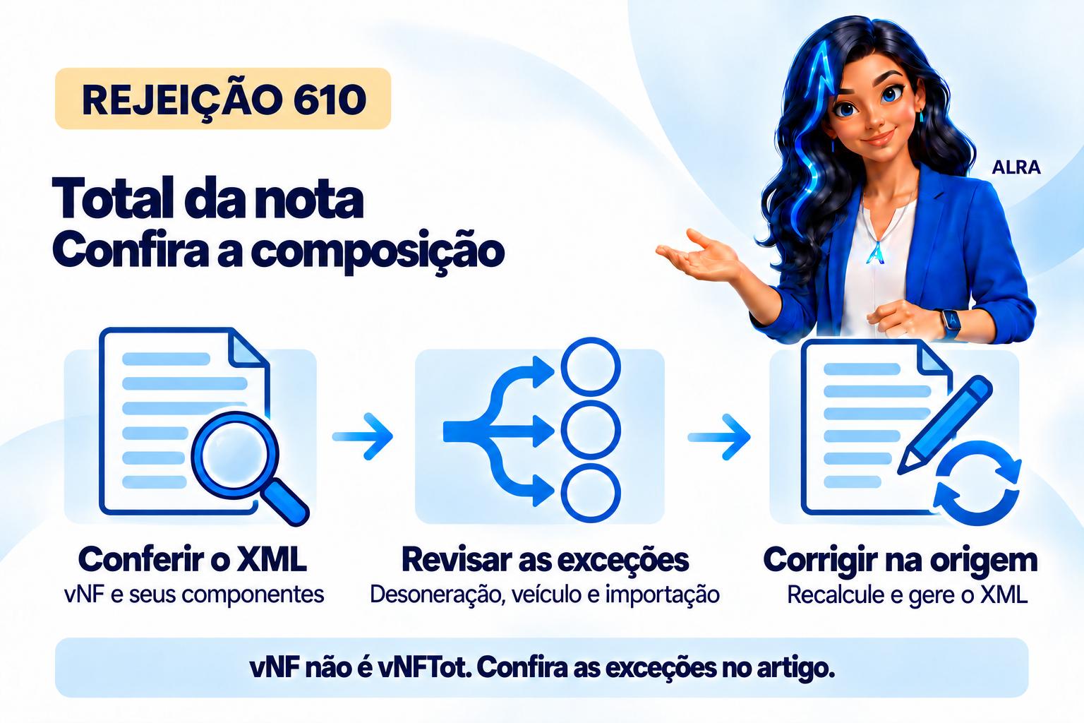 Capa ilustrada da ALRA: Rejeição 610: como conferir a composição do valor total da nota.
