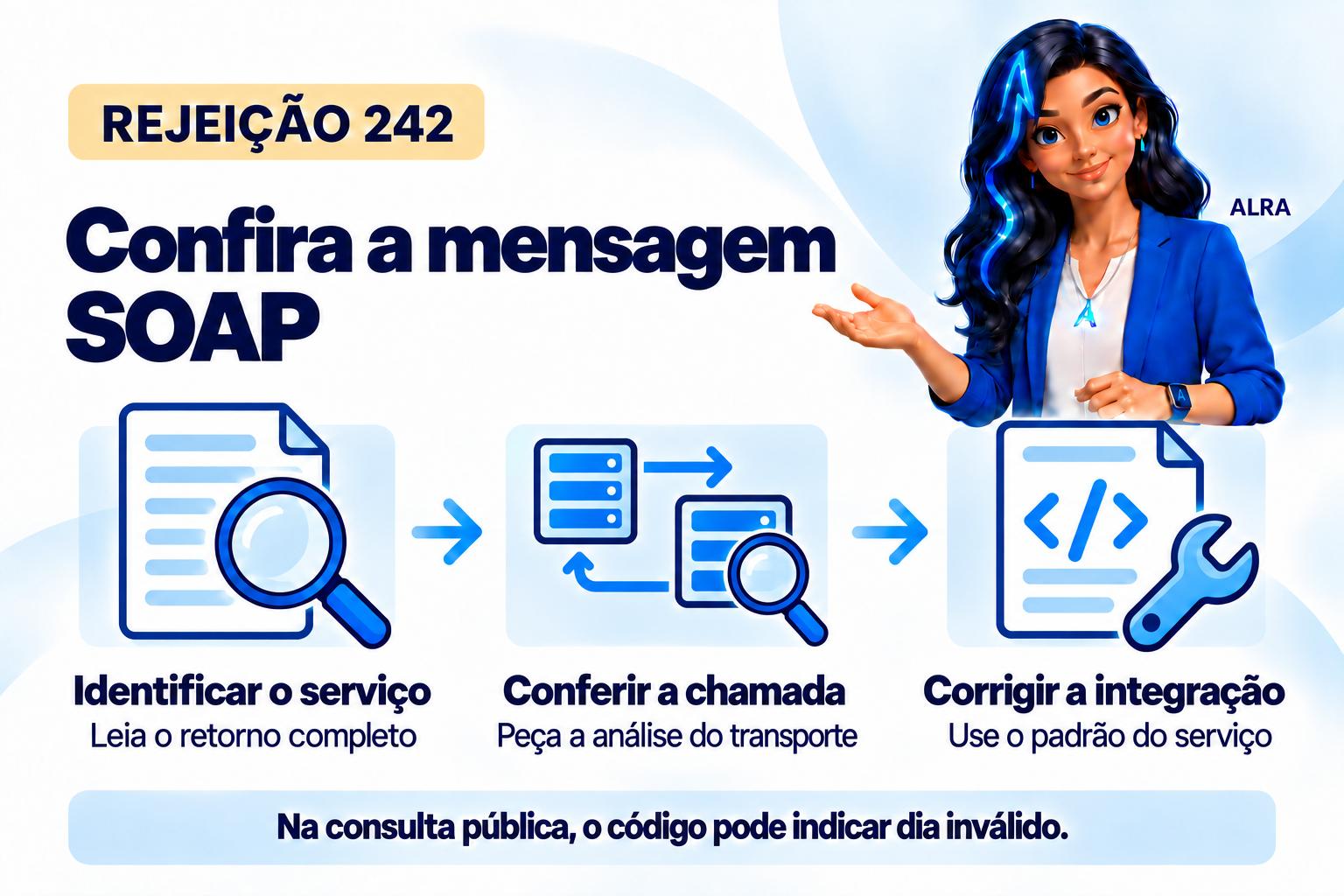 Capa ilustrada da ALRA: Rejeição 242: como corrigir uma mensagem SOAP inválida.