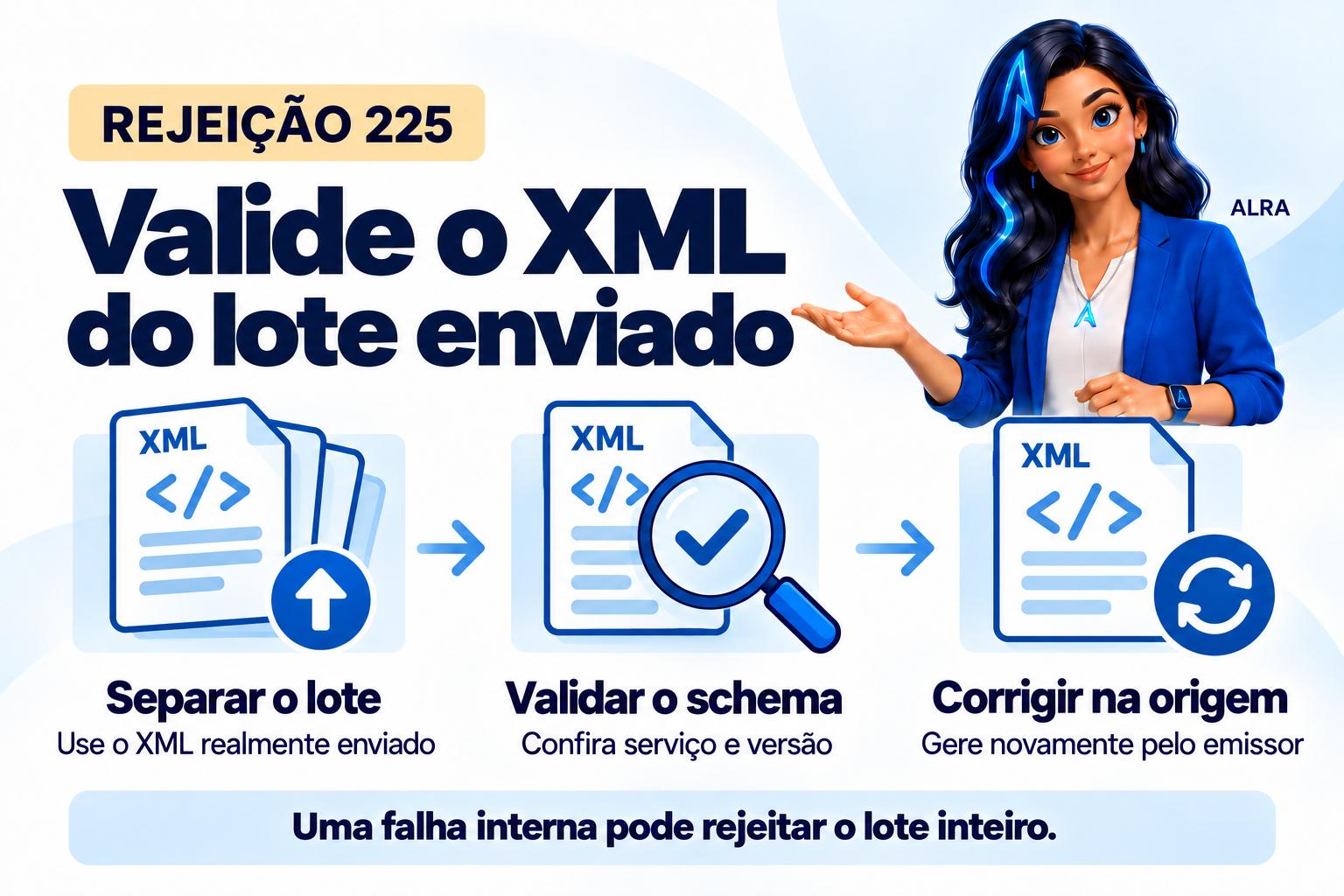 Capa ilustrada da ALRA: Rejeição 225: como localizar a falha no schema XML do lote.