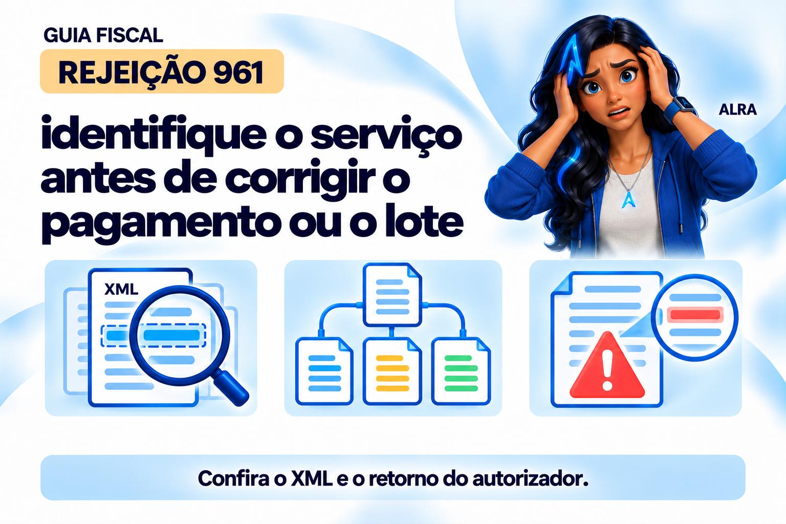 Capa ilustrada da ALRA: Código 961: identifique o serviço antes de corrigir o pagamento ou o lote.