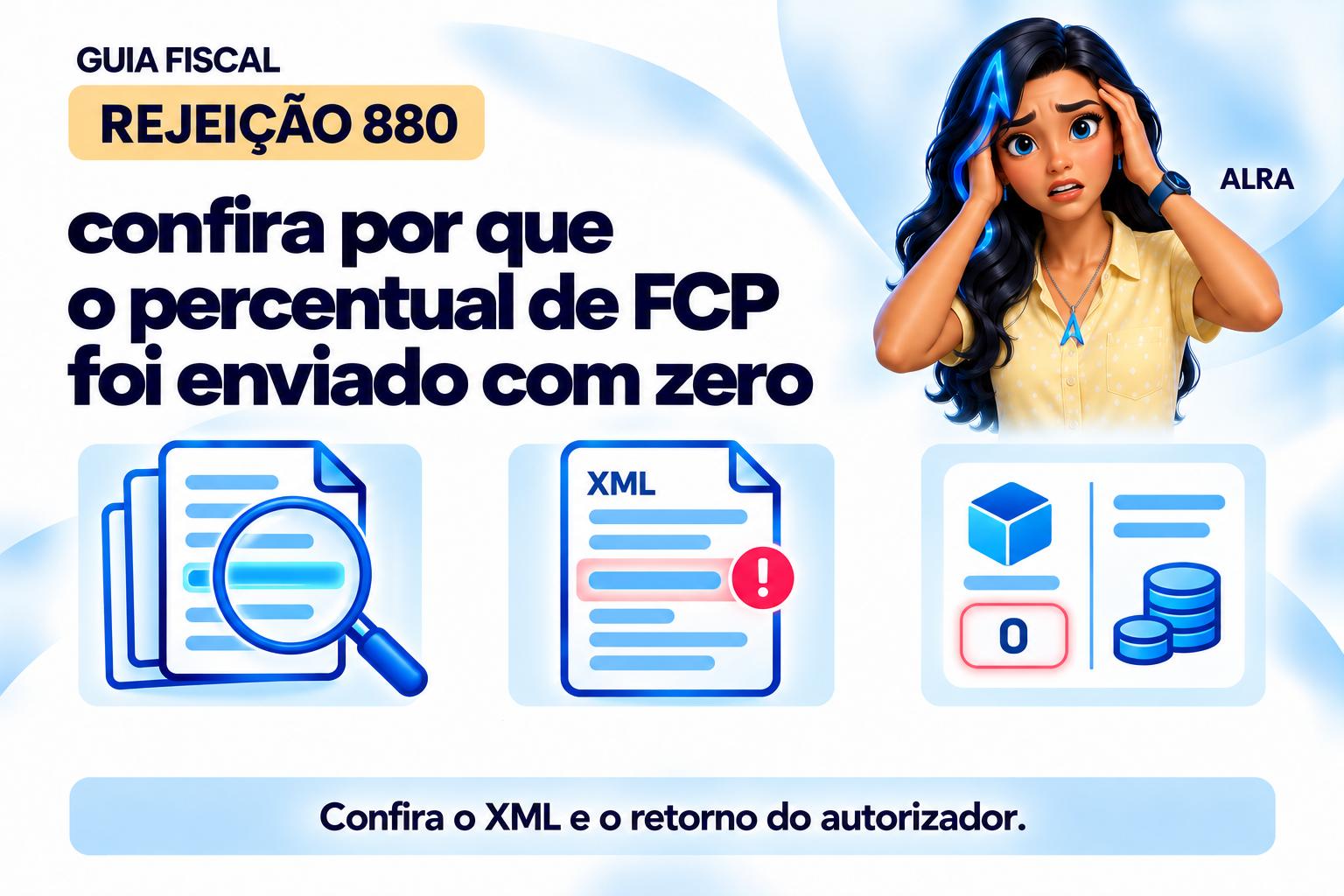 Capa ilustrada da ALRA: Rejeição 880: confira por que o percentual de FCP foi enviado com zero.