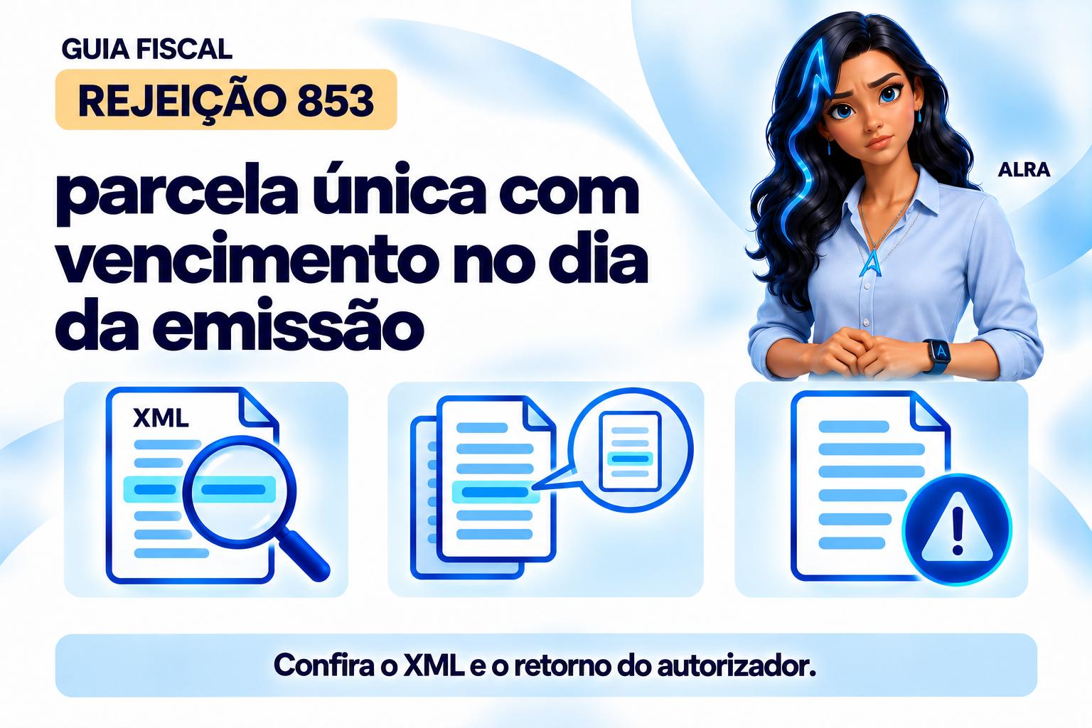 Capa ilustrada da ALRA: Rejeição 853: parcela única com vencimento no dia da emissão.
