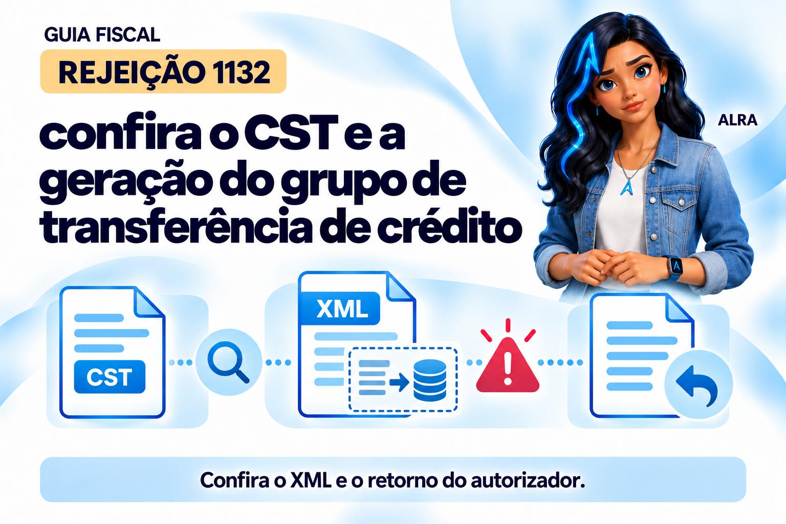 Capa ilustrada da ALRA: Rejeição 1132: confira o CST e a geração do grupo de transferência de crédito.