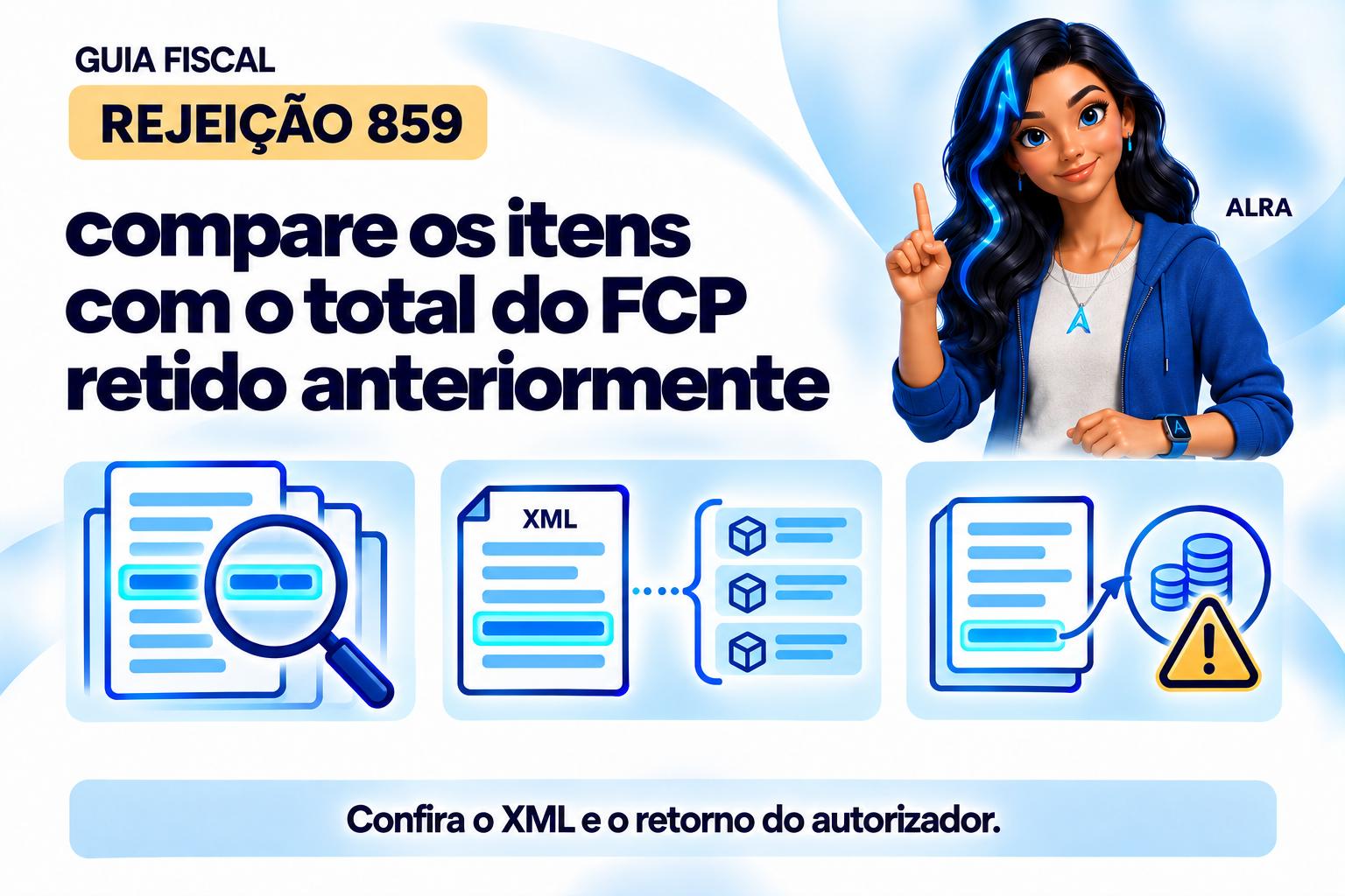 Capa ilustrada da ALRA: Rejeição 859: compare os itens com o total do FCP retido anteriormente.