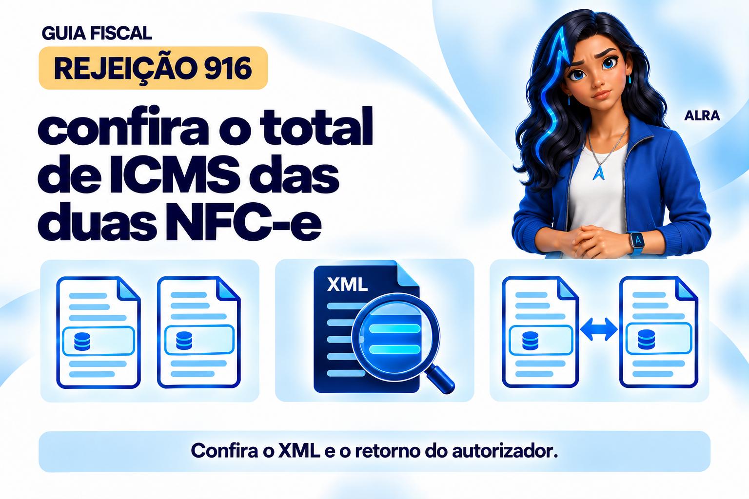 Capa ilustrada da ALRA: Rejeição 916: confira o total de ICMS das duas NFC-e.