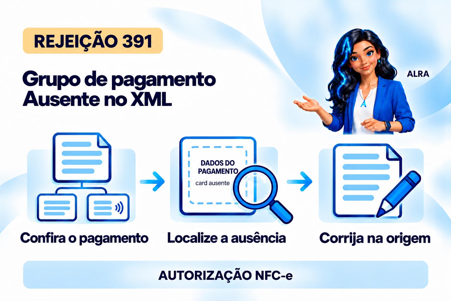 Capa ilustrada da ALRA: Rejeição 391: como corrigir a falta do grupo de pagamento eletrônico.