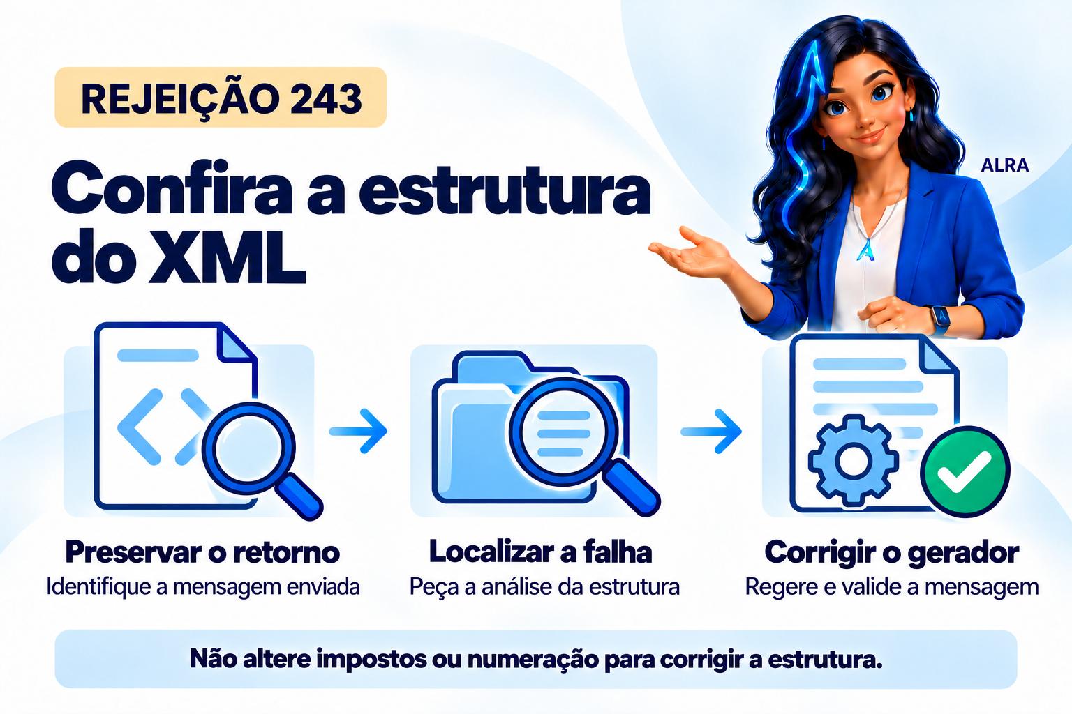 Capa ilustrada da ALRA: Rejeição 243: como identificar e corrigir um XML malformado.