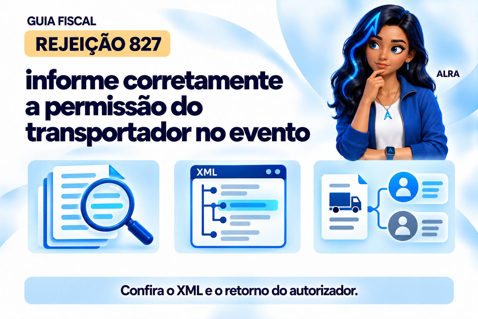 Capa ilustrada da ALRA: Rejeição 827: informe corretamente a permissão do transportador no evento.