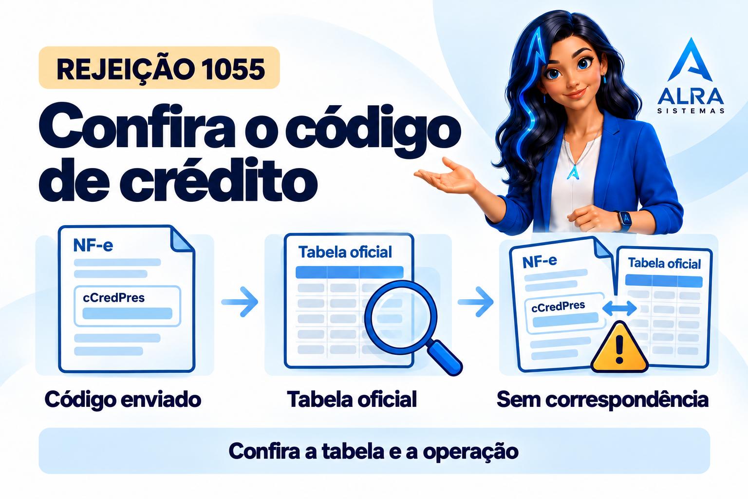 Capa ilustrada da ALRA: Rejeição 1055: o código de crédito presumido enviado não existe na tabela.
