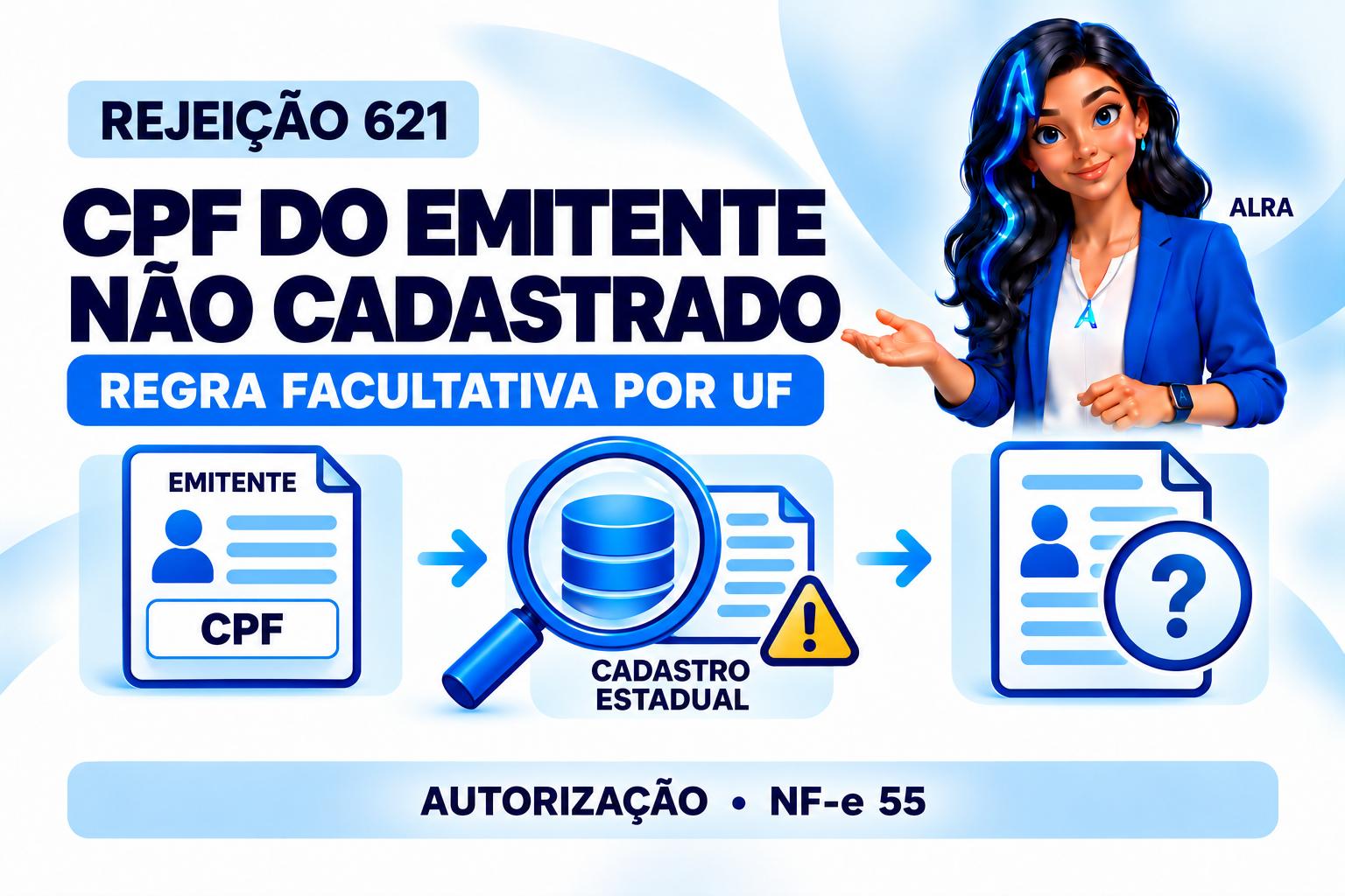 Capa ilustrada da ALRA: Rejeição 621: CPF do emitente não cadastrado.