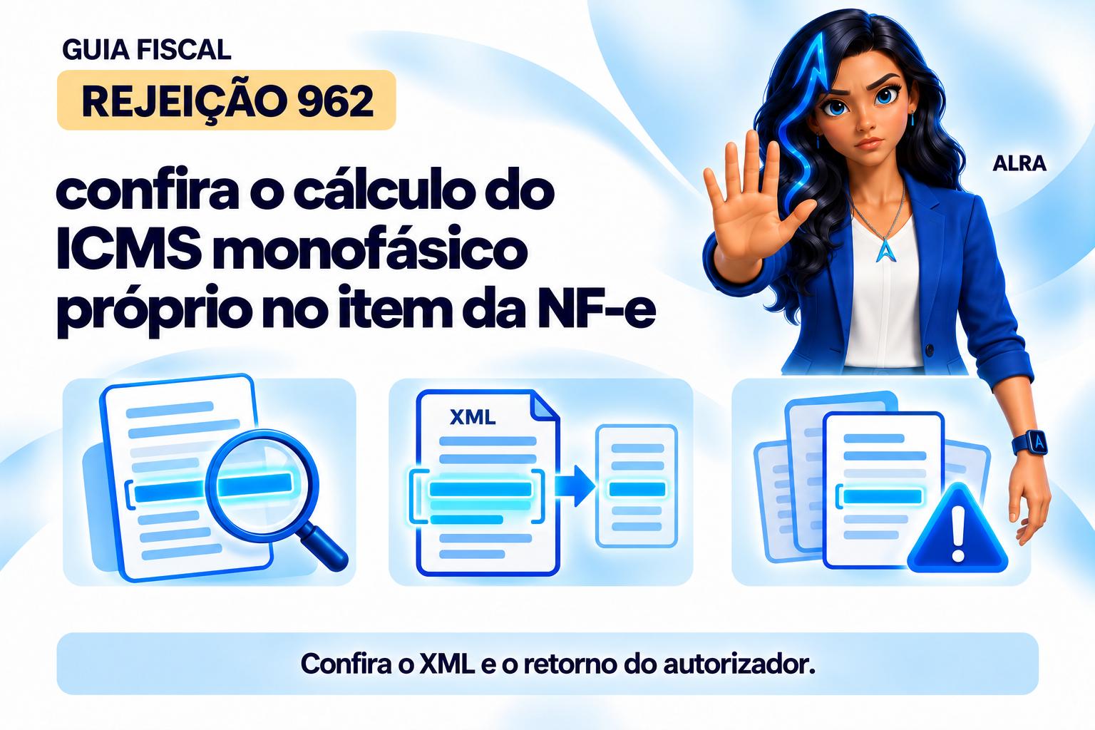 Capa ilustrada da ALRA: Rejeição 962: confira o cálculo do ICMS monofásico próprio no item da NF-e.