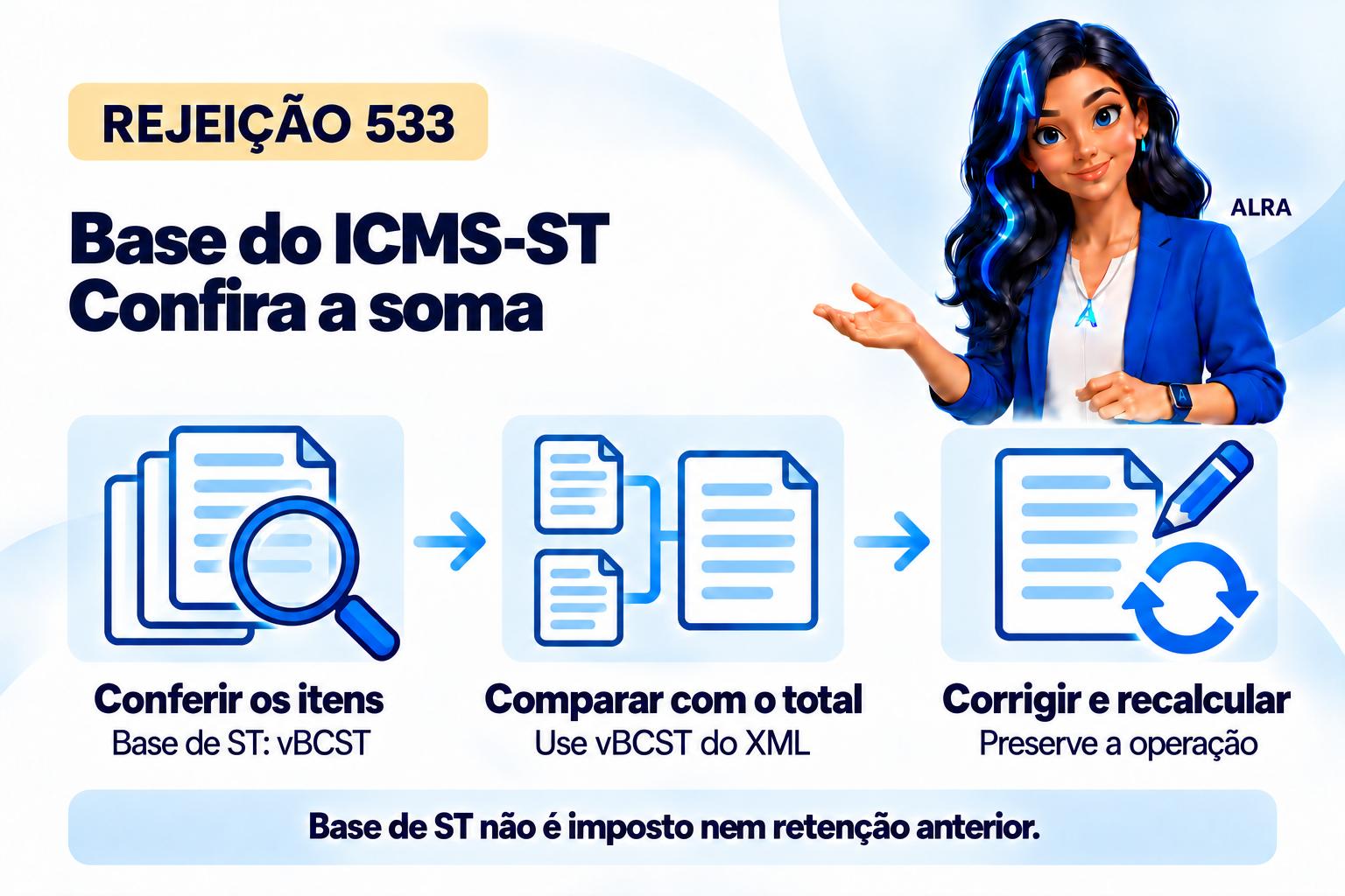 Capa ilustrada da ALRA: Rejeição 533: como conferir a base de cálculo total do ICMS-ST.