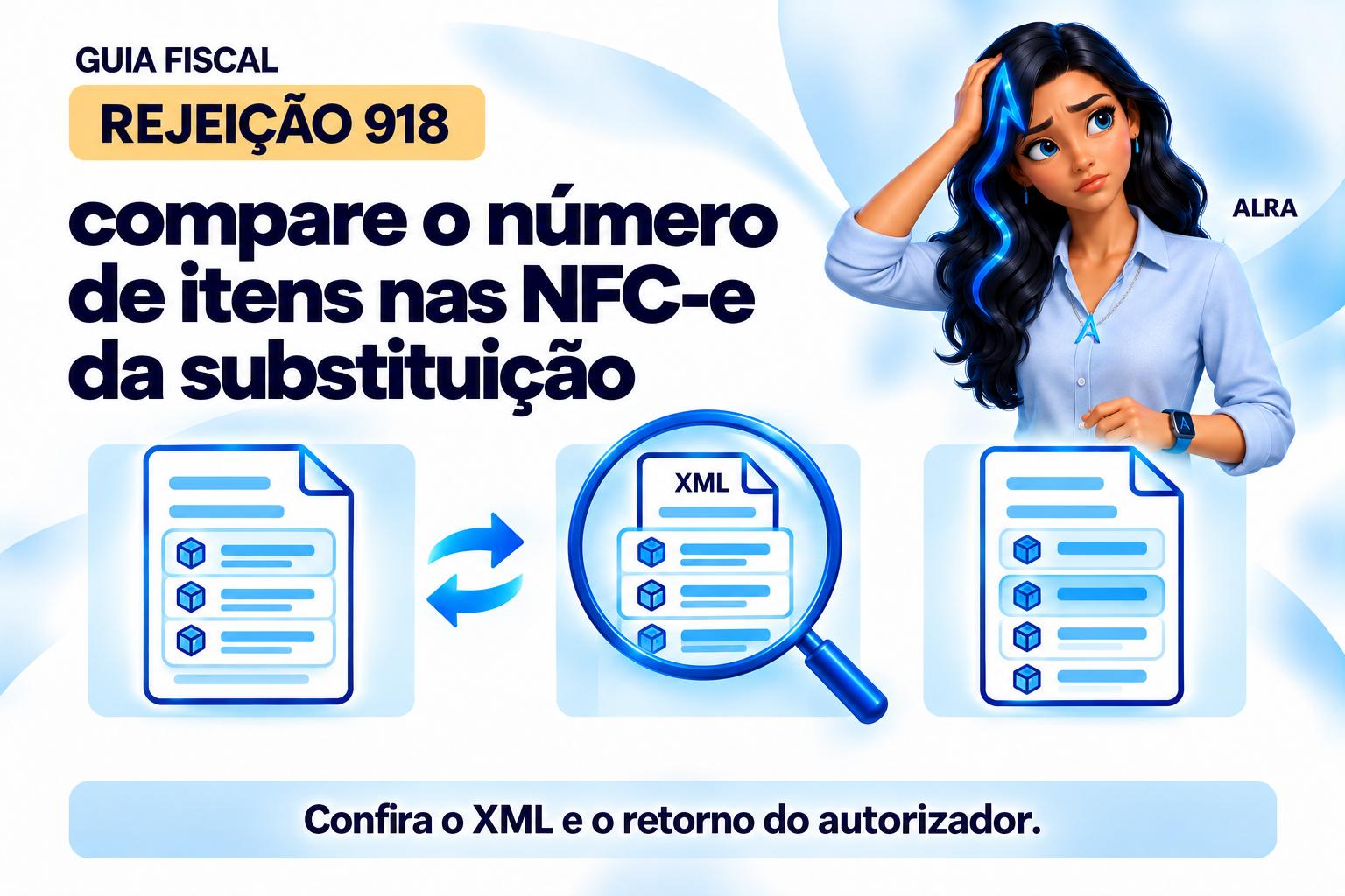 Capa ilustrada da ALRA: Rejeição 918: compare o número de itens nas NFC-e da substituição.