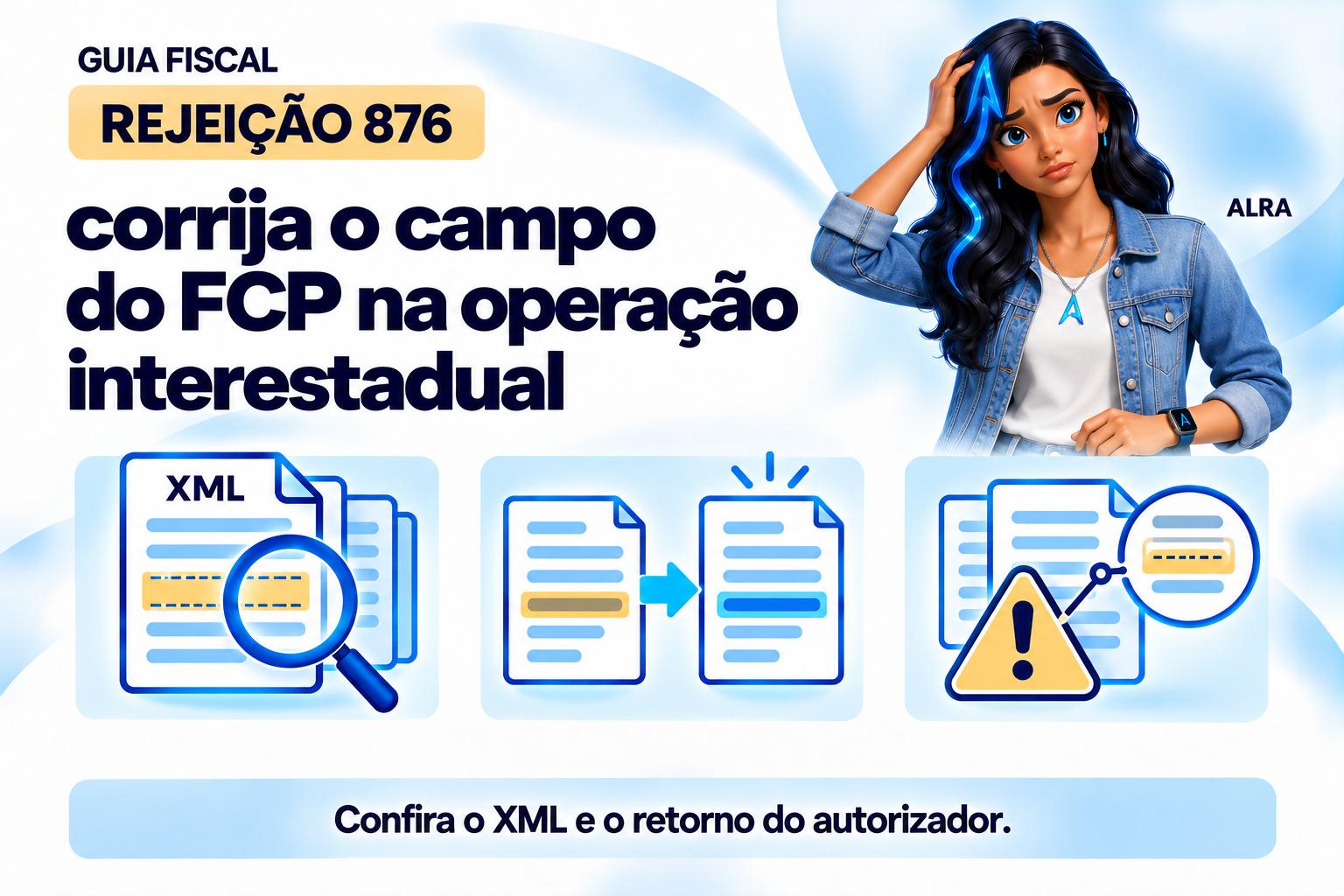 Capa ilustrada da ALRA: Rejeição 876: corrija o campo do FCP na operação interestadual.