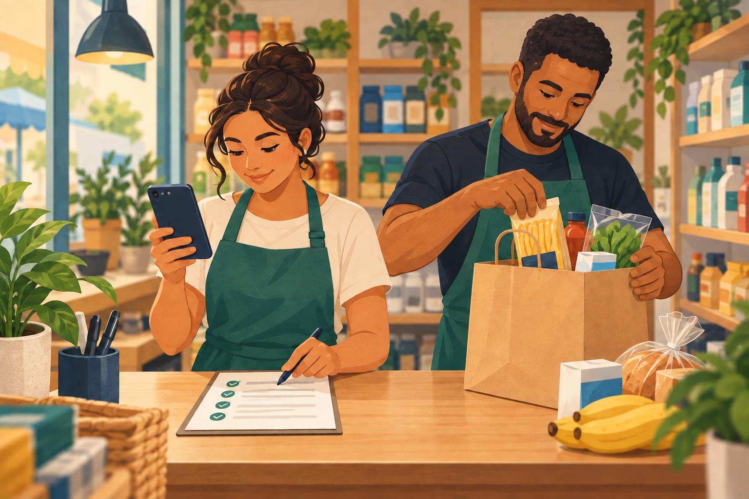 Ilustração de uma comerciante conferindo um pedido no celular e em uma ficha enquanto um colega prepara uma sacola no balcão da loja