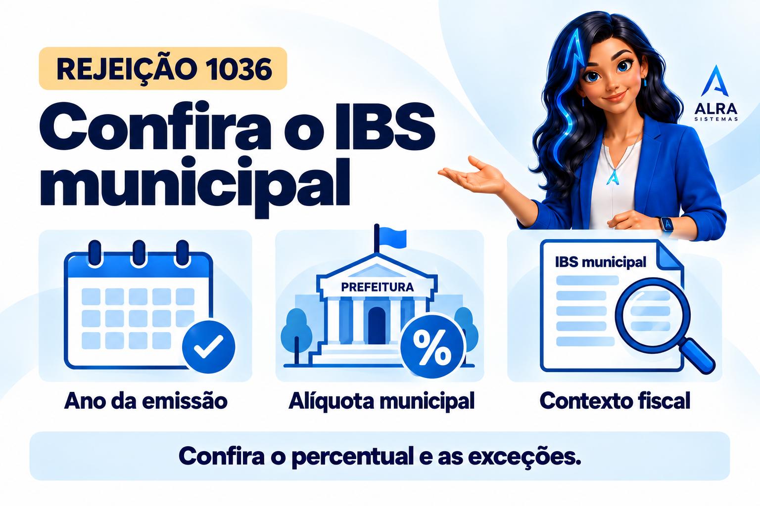 Capa ilustrada da ALRA: Rejeição 1036: confira o período e a alíquota do IBS municipal.
