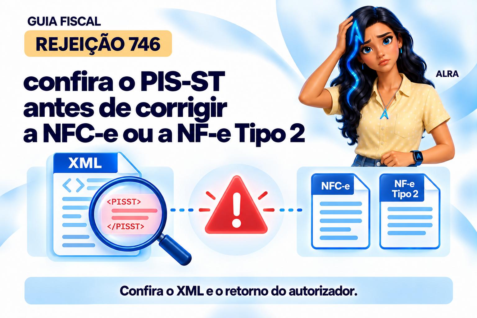 Capa ilustrada da ALRA: Rejeição 746: confira o PIS-ST antes de corrigir a NFC-e ou a NF-e Tipo 2.
