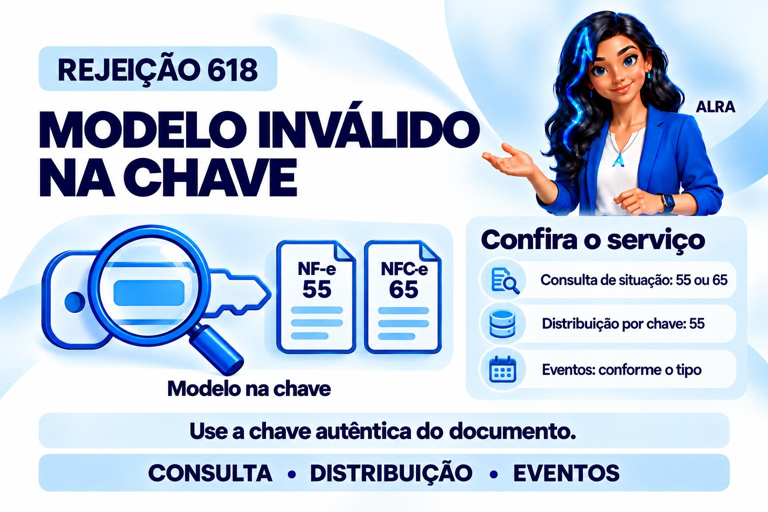 Capa ilustrada da ALRA: Rejeição 618: confira o modelo da chave e o serviço utilizado.
