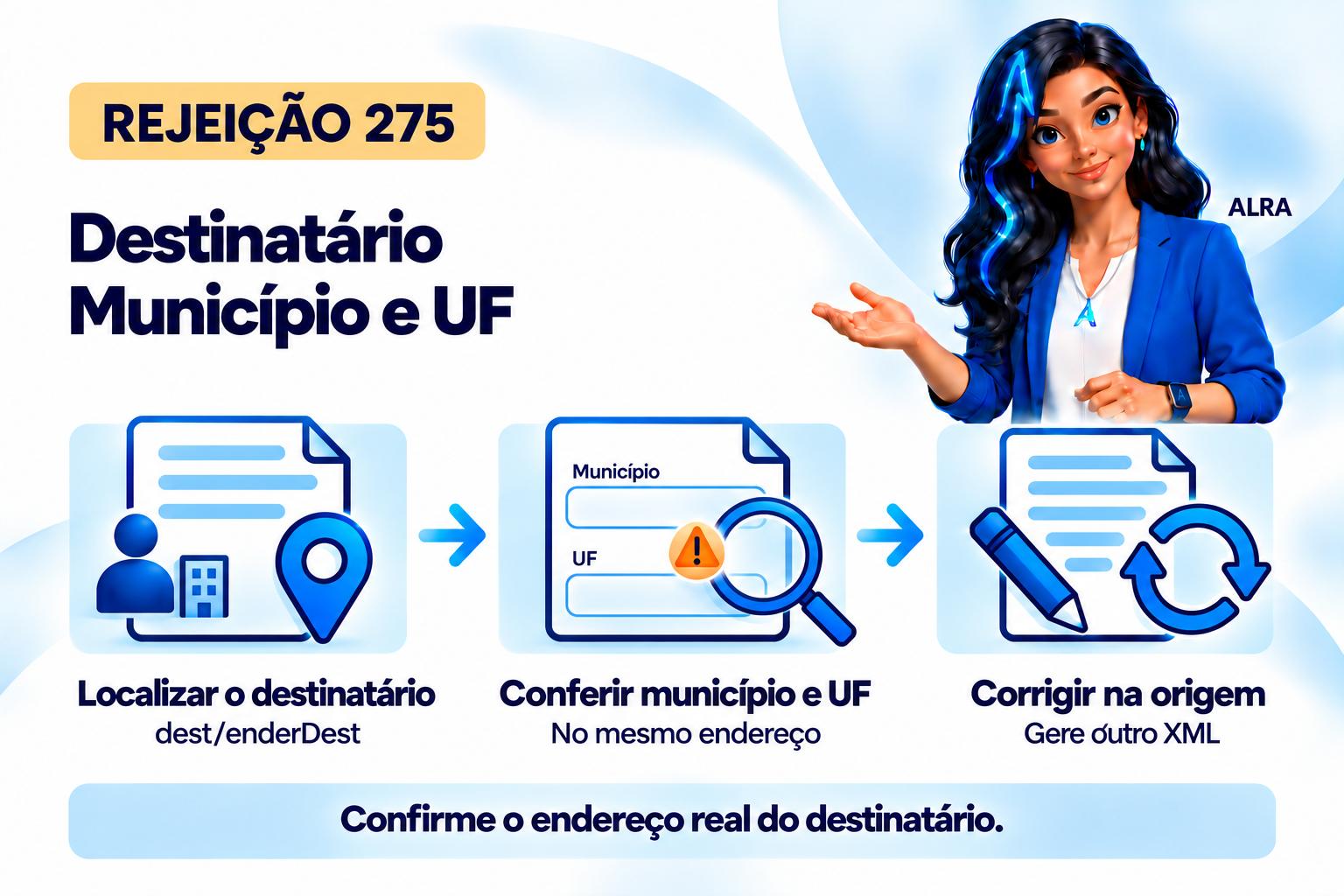 Capa ilustrada da ALRA: Rejeição 275: como acertar município e UF do destinatário.