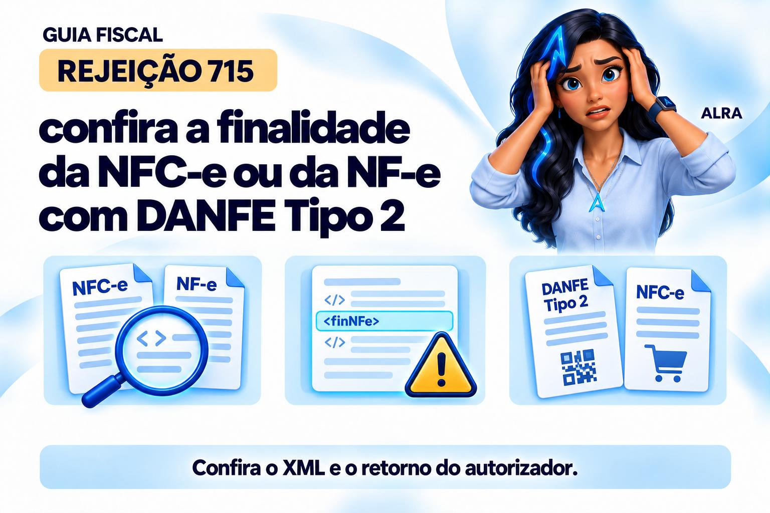 Capa ilustrada da ALRA: Rejeição 715: confira a finalidade da NFC-e ou da NF-e com DANFE Tipo 2.