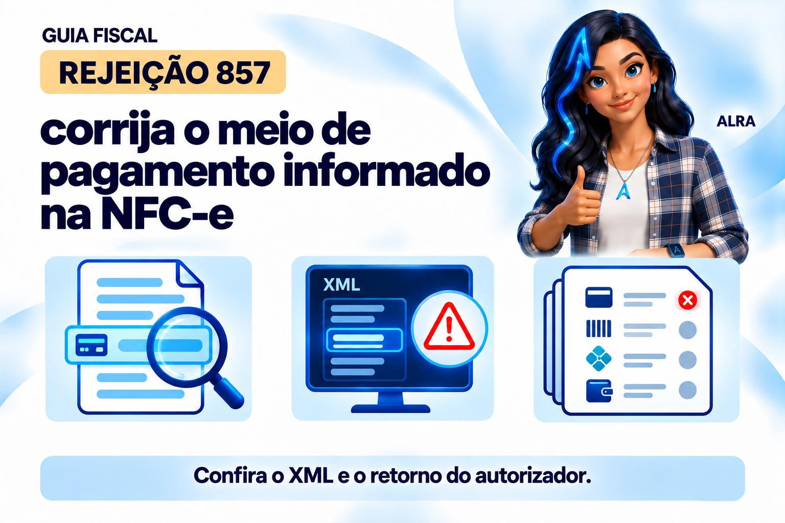 Capa ilustrada da ALRA: Rejeição 857: corrija o meio de pagamento informado na NFC-e.