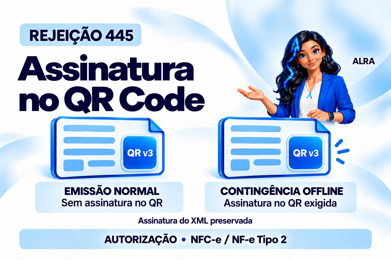 Capa ilustrada da ALRA: Rejeição 445 e a assinatura indevida no QR Code.