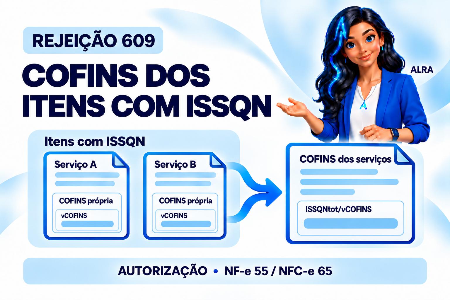 Capa ilustrada da ALRA: Rejeição 609 na NF-e e NFC-e: como corrigir a COFINS sobre serviços.