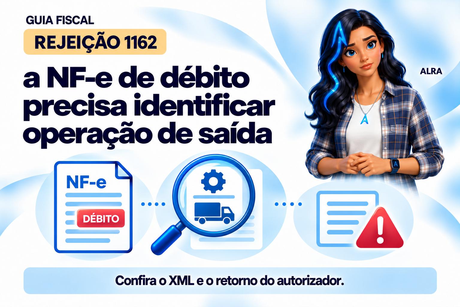 Capa ilustrada da ALRA: Rejeição 1162: a NF-e de débito precisa identificar operação de saída.