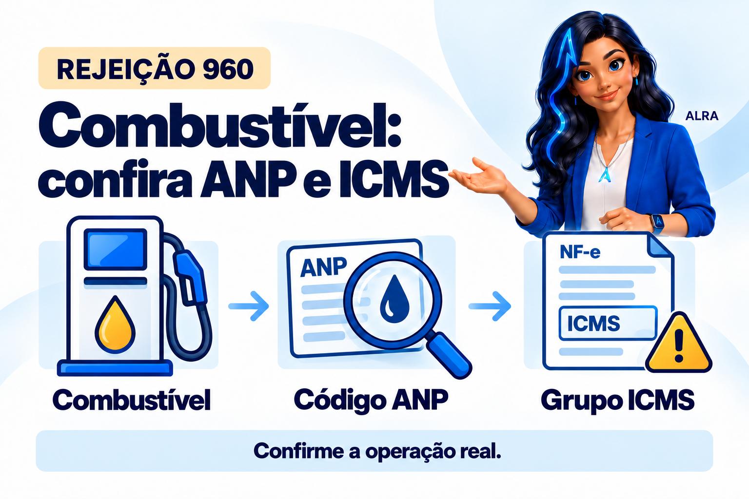 Capa ilustrada da ALRA: Rejeição 960: confira o código ANP e o tratamento de ICMS do combustível.