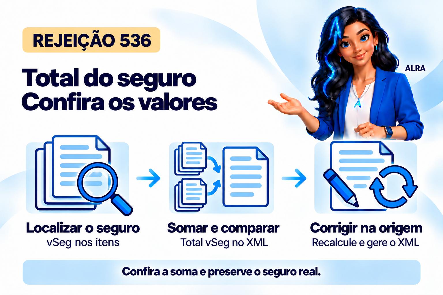 Capa ilustrada da ALRA: Rejeição 536: como corrigir a totalização do seguro na NF-e.