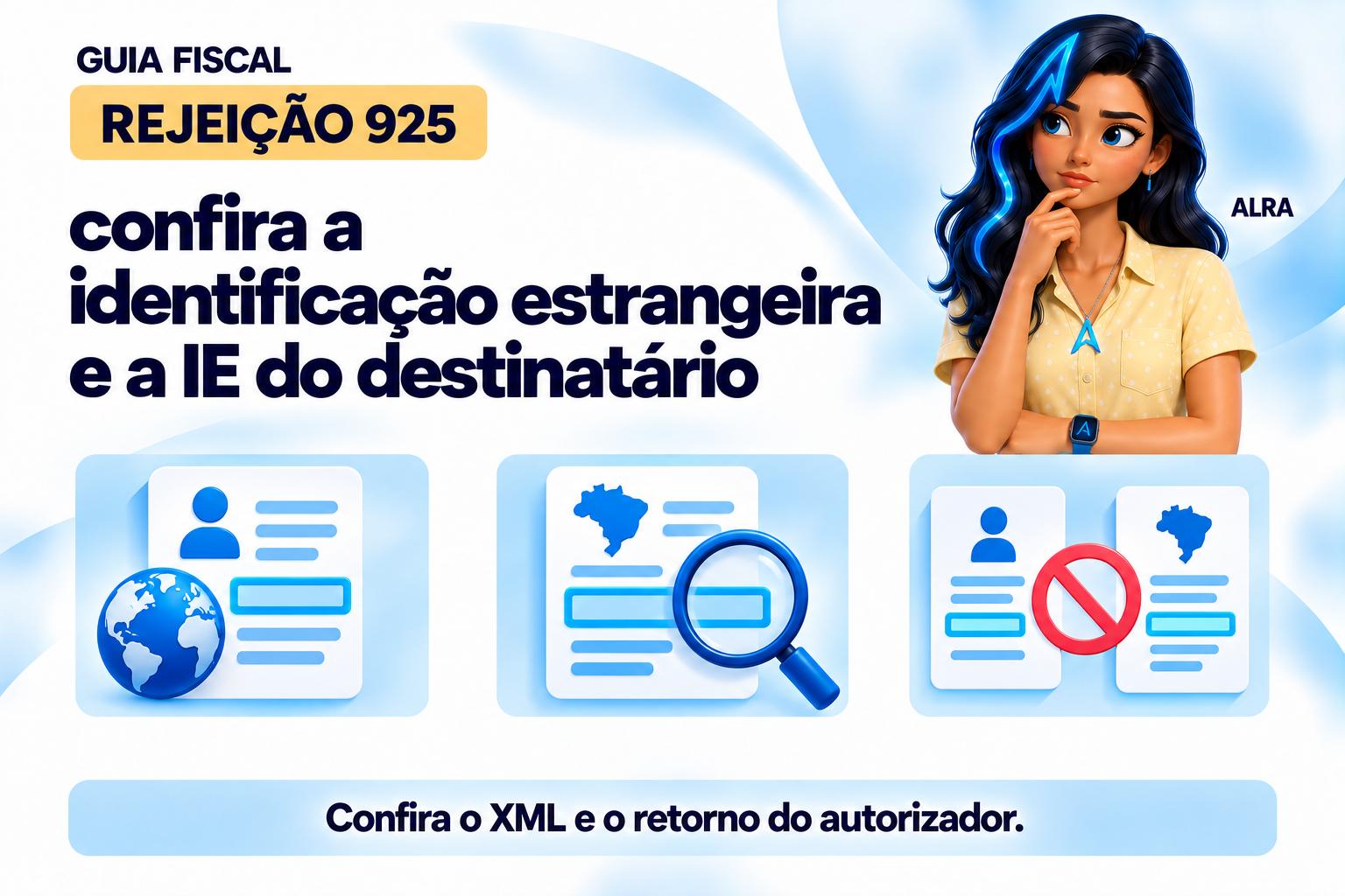 Capa ilustrada da ALRA: Rejeição 925: confira a identificação estrangeira e a IE do destinatário.