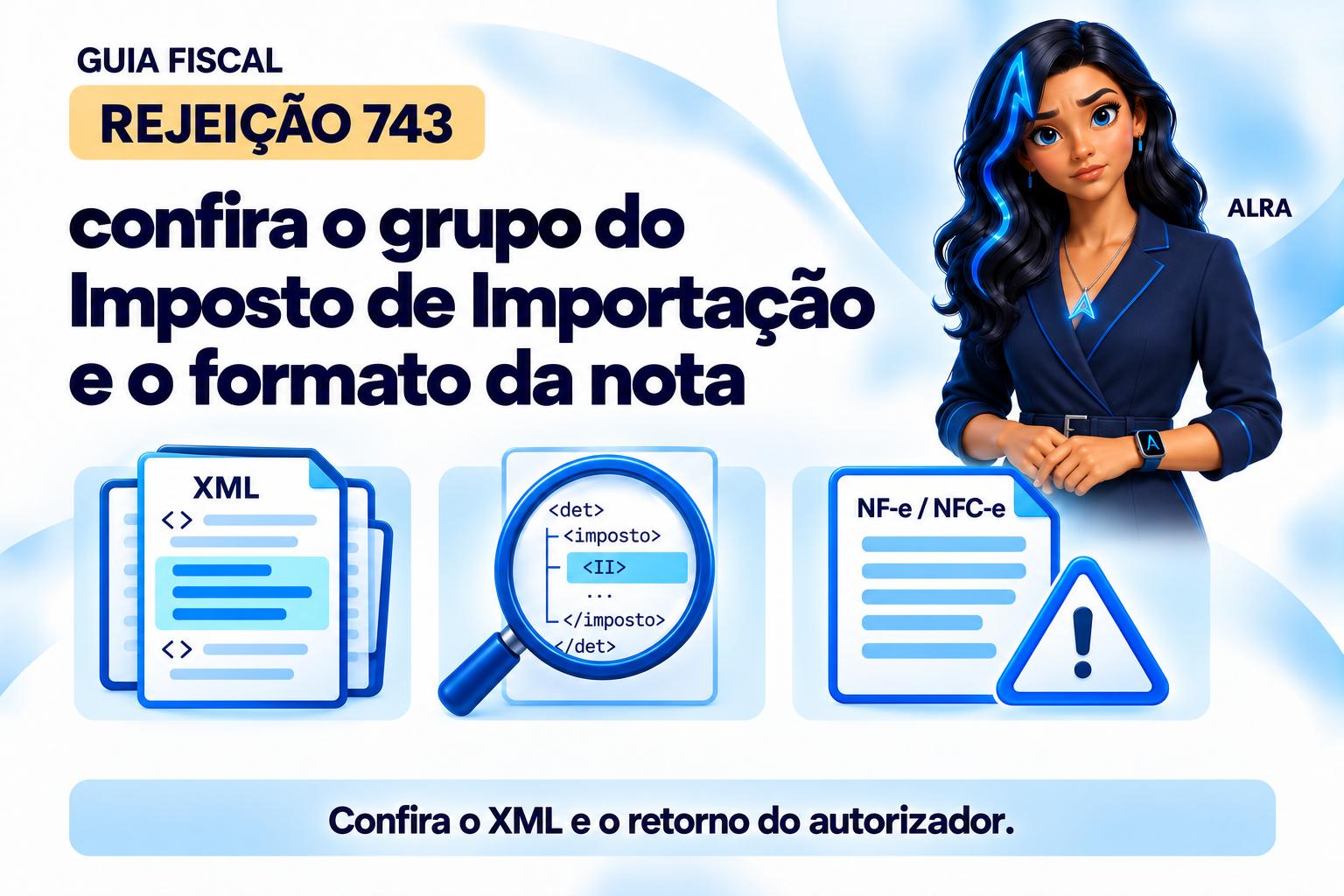 Capa ilustrada da ALRA: Rejeição 743: confira o grupo do Imposto de Importação e o formato da nota.