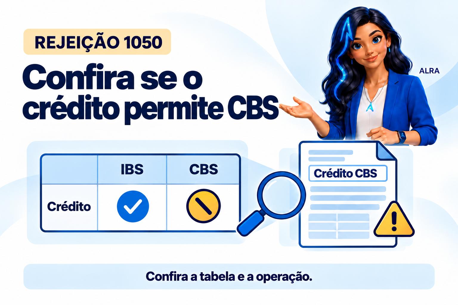 Capa ilustrada da ALRA: Rejeição 1050: crédito presumido da CBS incompatível com o código informado.