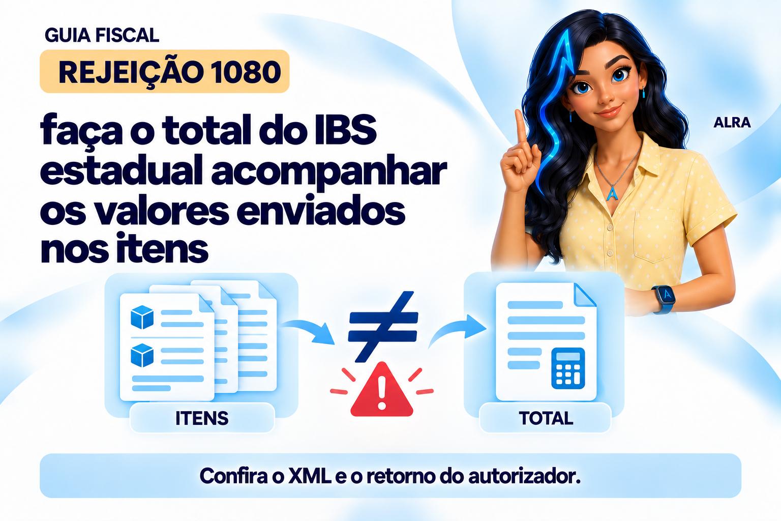 Capa ilustrada da ALRA: Rejeição 1080: faça o total do IBS estadual acompanhar os valores enviados nos itens.