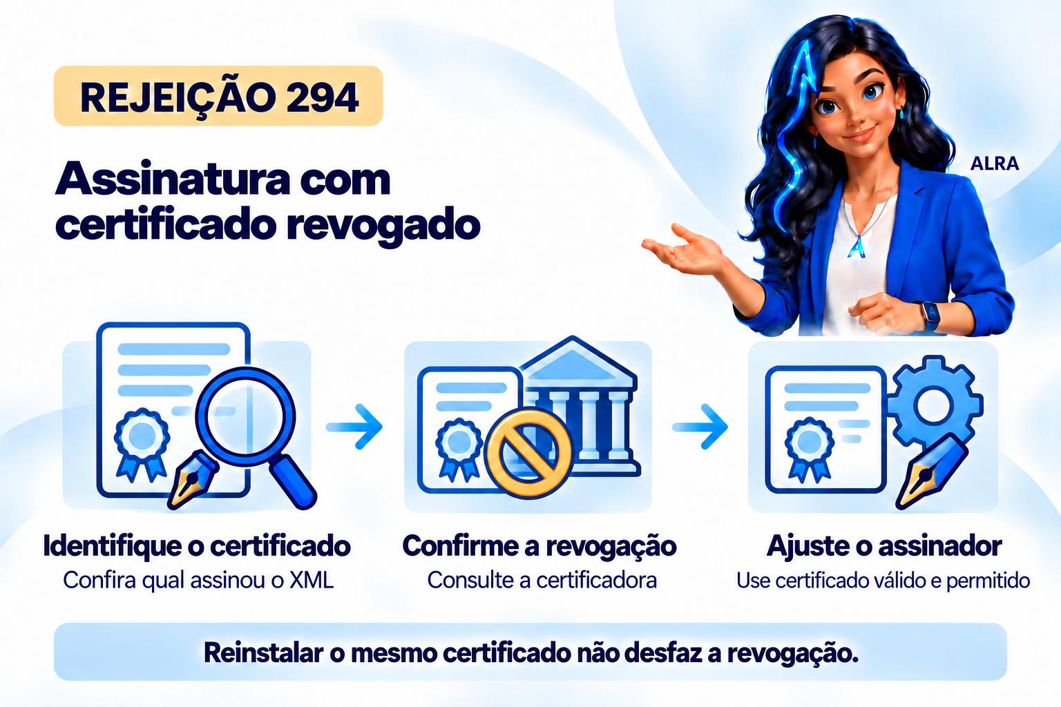 Capa ilustrada da ALRA: Rejeição 294: o que fazer quando o certificado da assinatura foi revogado.