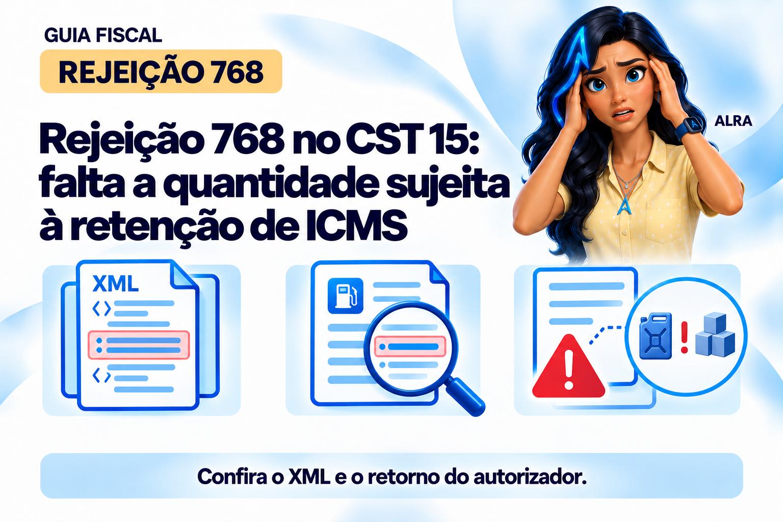 Capa ilustrada da ALRA: Rejeição 768 no CST 15: falta a quantidade sujeita à retenção de ICMS.
