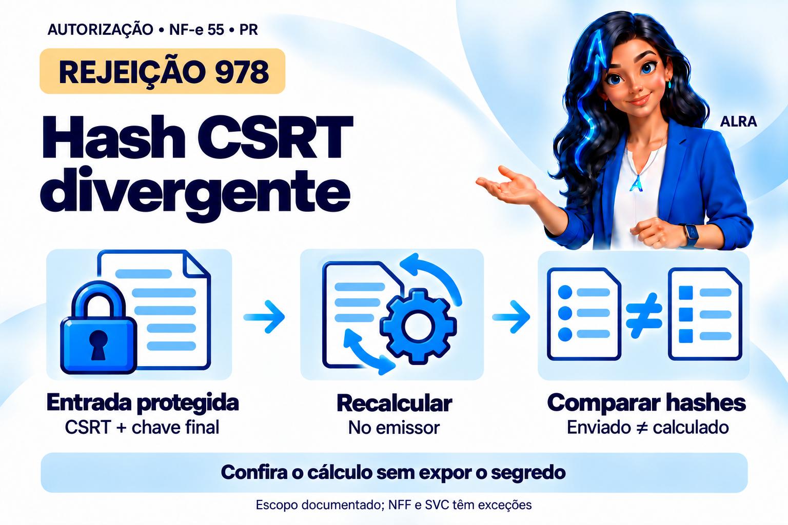 Capa ilustrada da ALRA: Rejeição 978 e a conferência do hash CSRT.