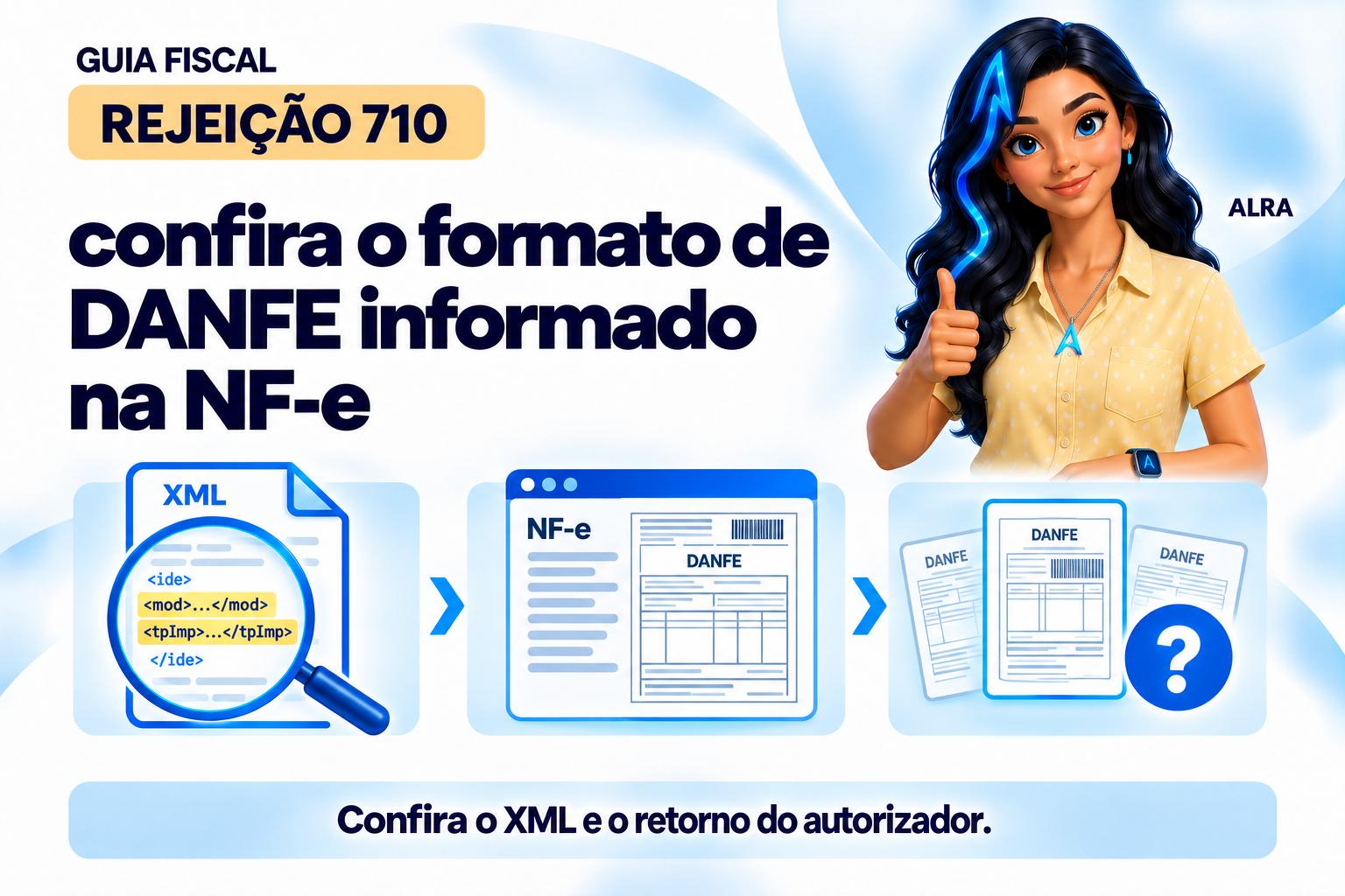 Capa ilustrada da ALRA: Rejeição 710: confira o formato de DANFE informado na NF-e.