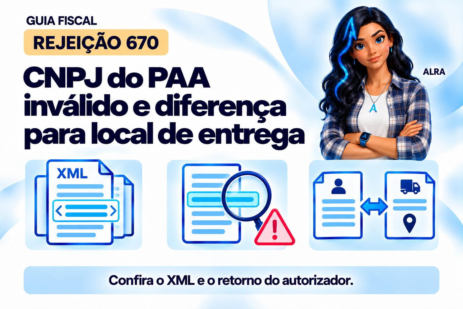 Capa ilustrada da ALRA: Rejeição 670: CNPJ do PAA inválido e diferença para local de entrega.