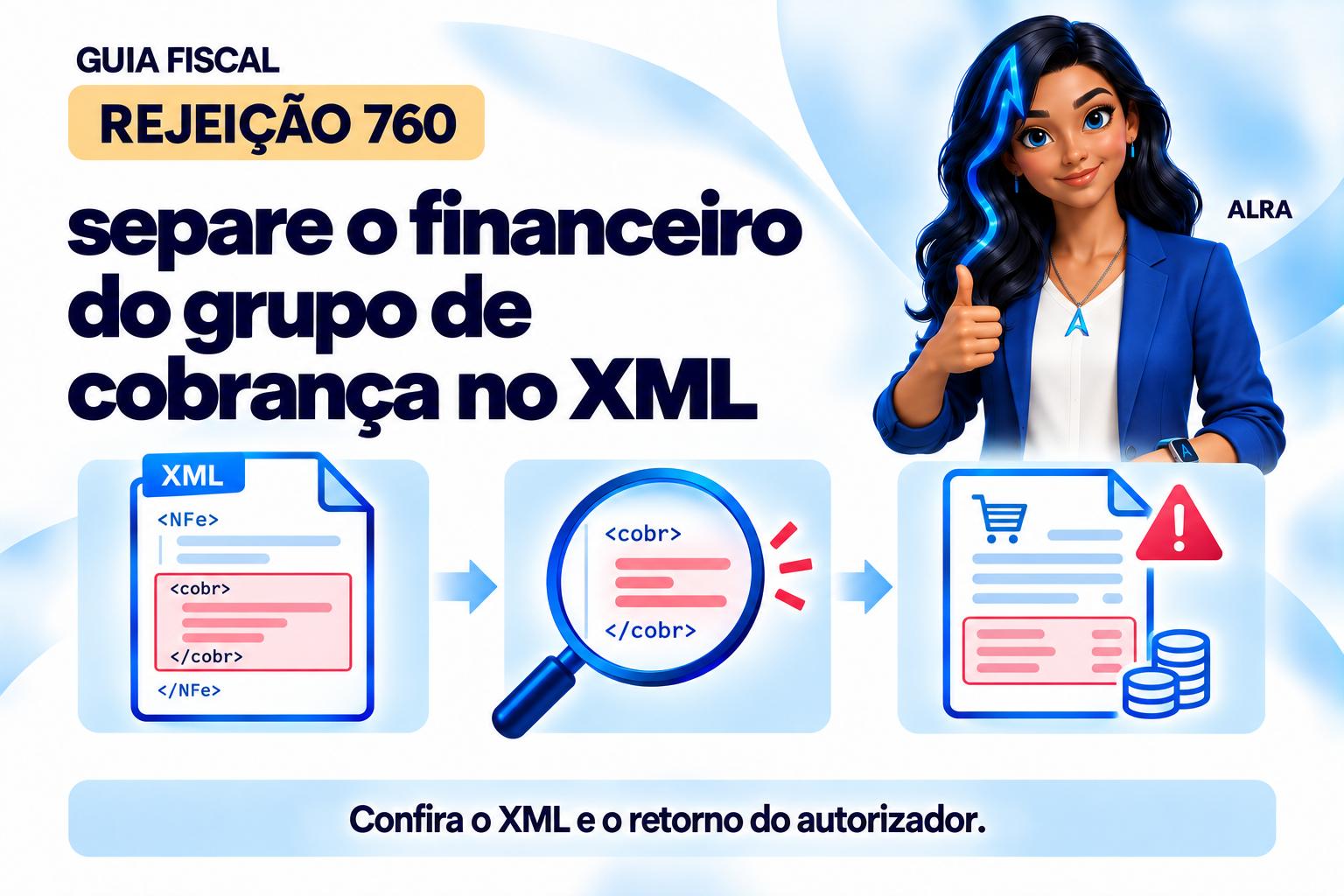Capa ilustrada da ALRA: Rejeição 760: separe o financeiro do grupo de cobrança no XML.