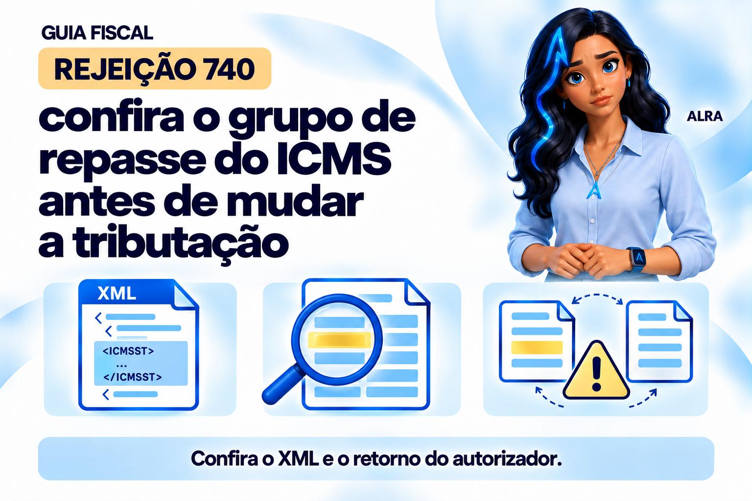 Capa ilustrada da ALRA: Rejeição 740: confira o grupo de repasse do ICMS antes de mudar a tributação.