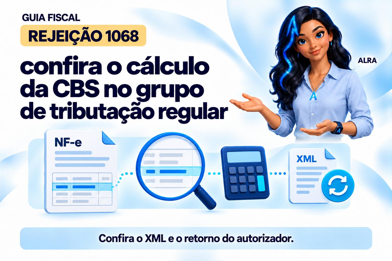 Capa ilustrada da ALRA: Rejeição 1068: confira o cálculo da CBS no grupo de tributação regular.
