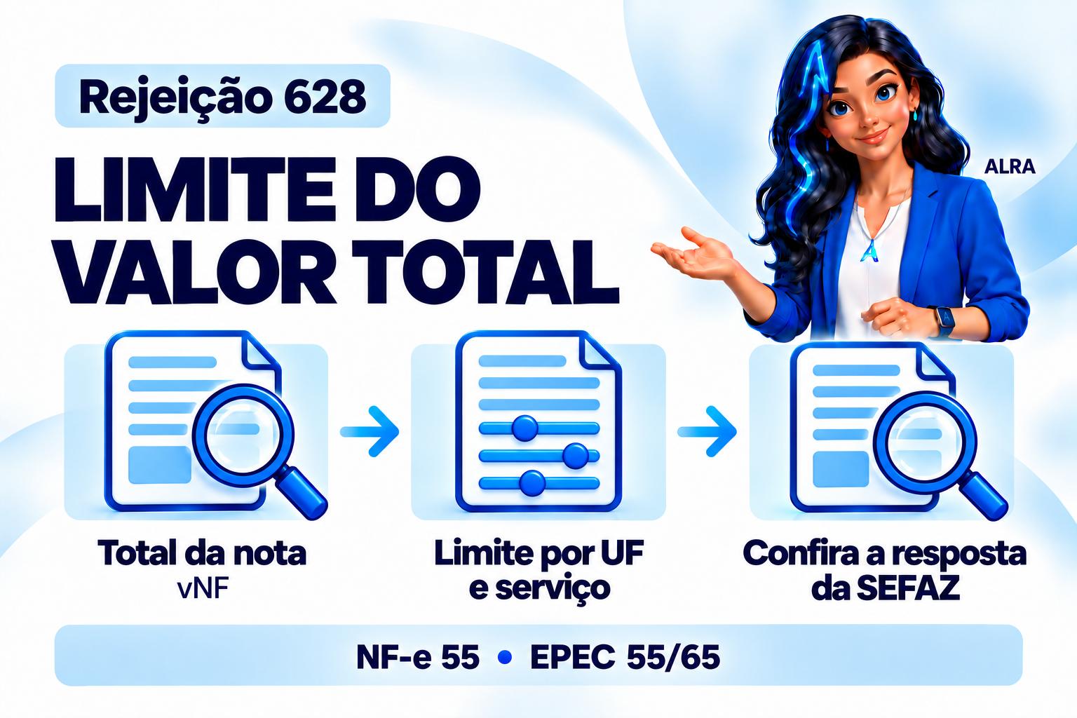 Capa ilustrada da ALRA: Rejeição 628: confira o valor total e o limite do serviço da SEFAZ.
