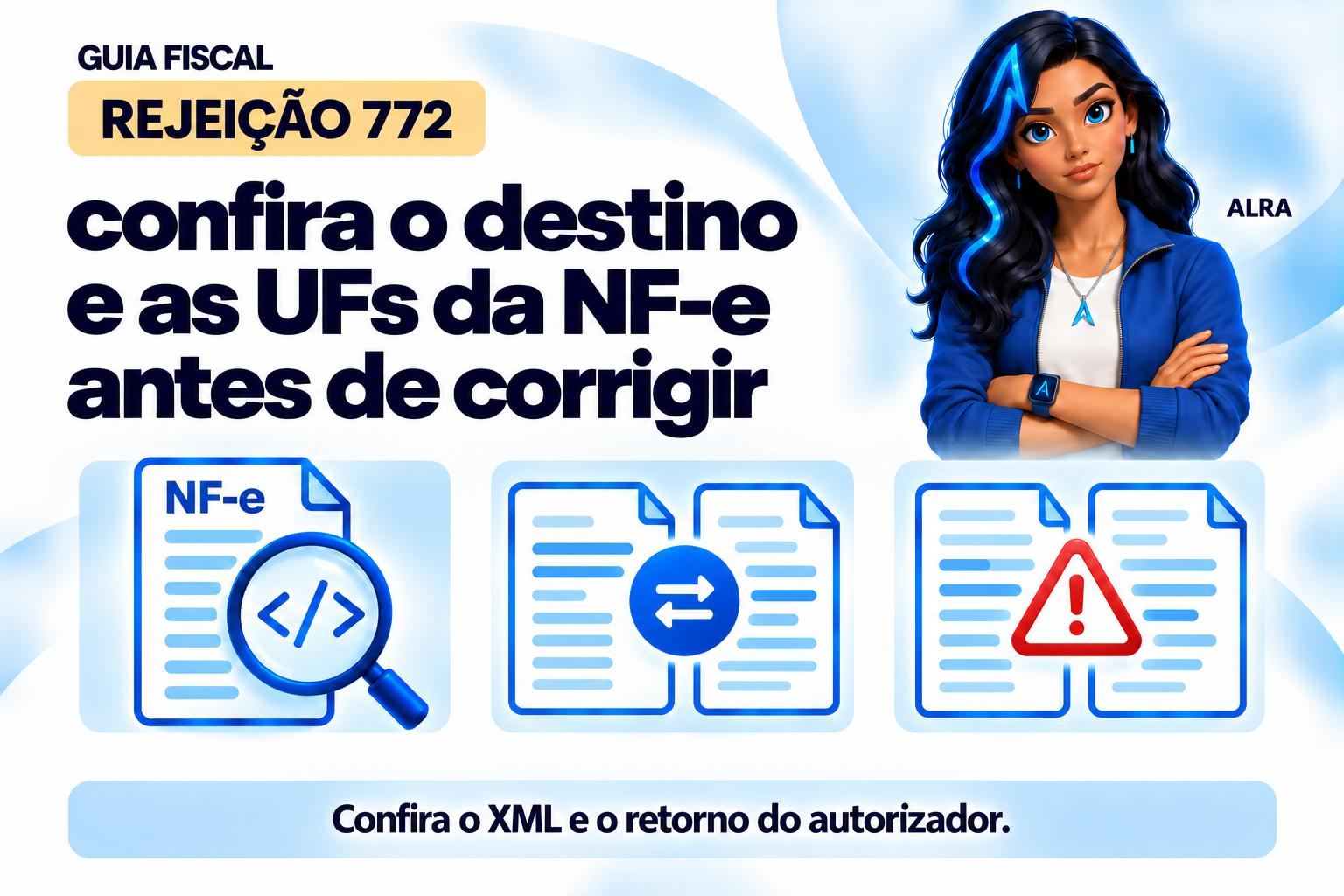 Capa ilustrada da ALRA: Rejeição 772: confira o destino e as UFs da NF-e antes de corrigir.