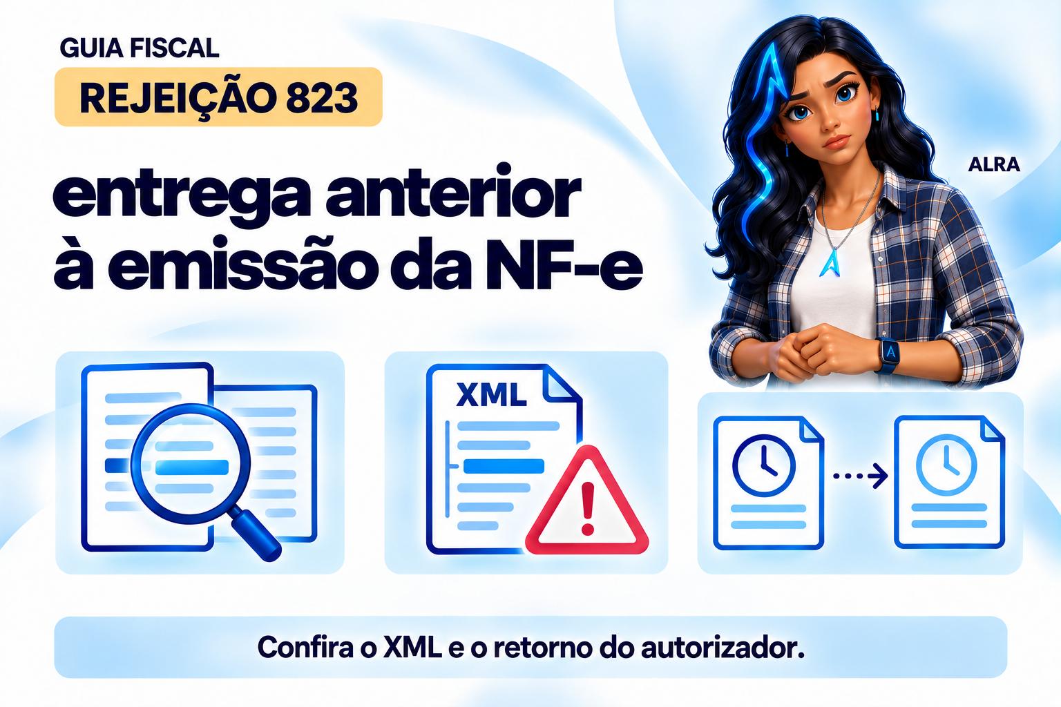 Capa ilustrada da ALRA: Rejeição 823: entrega anterior à emissão da NF-e.