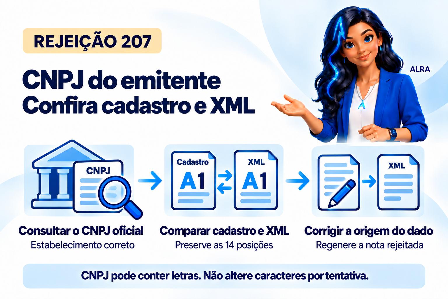 Capa ilustrada da ALRA: Rejeição 207: confira o CNPJ do emitente no cadastro e no XML.