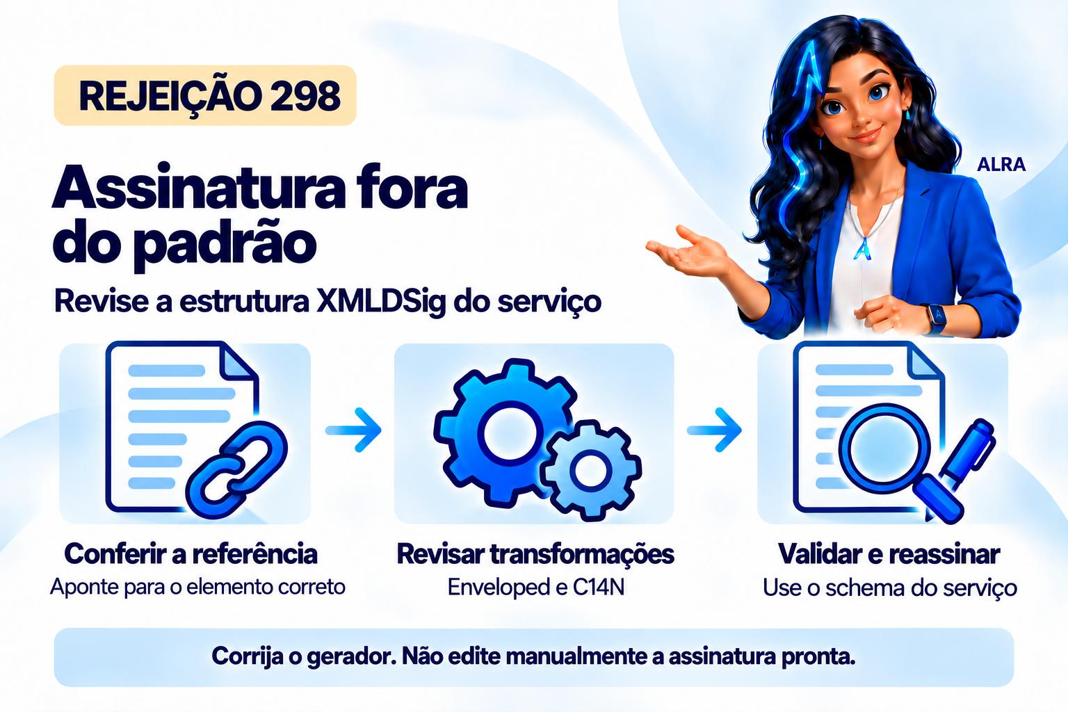 Capa ilustrada da ALRA: Rejeição 298: como corrigir uma assinatura fora do padrão da NF-e.