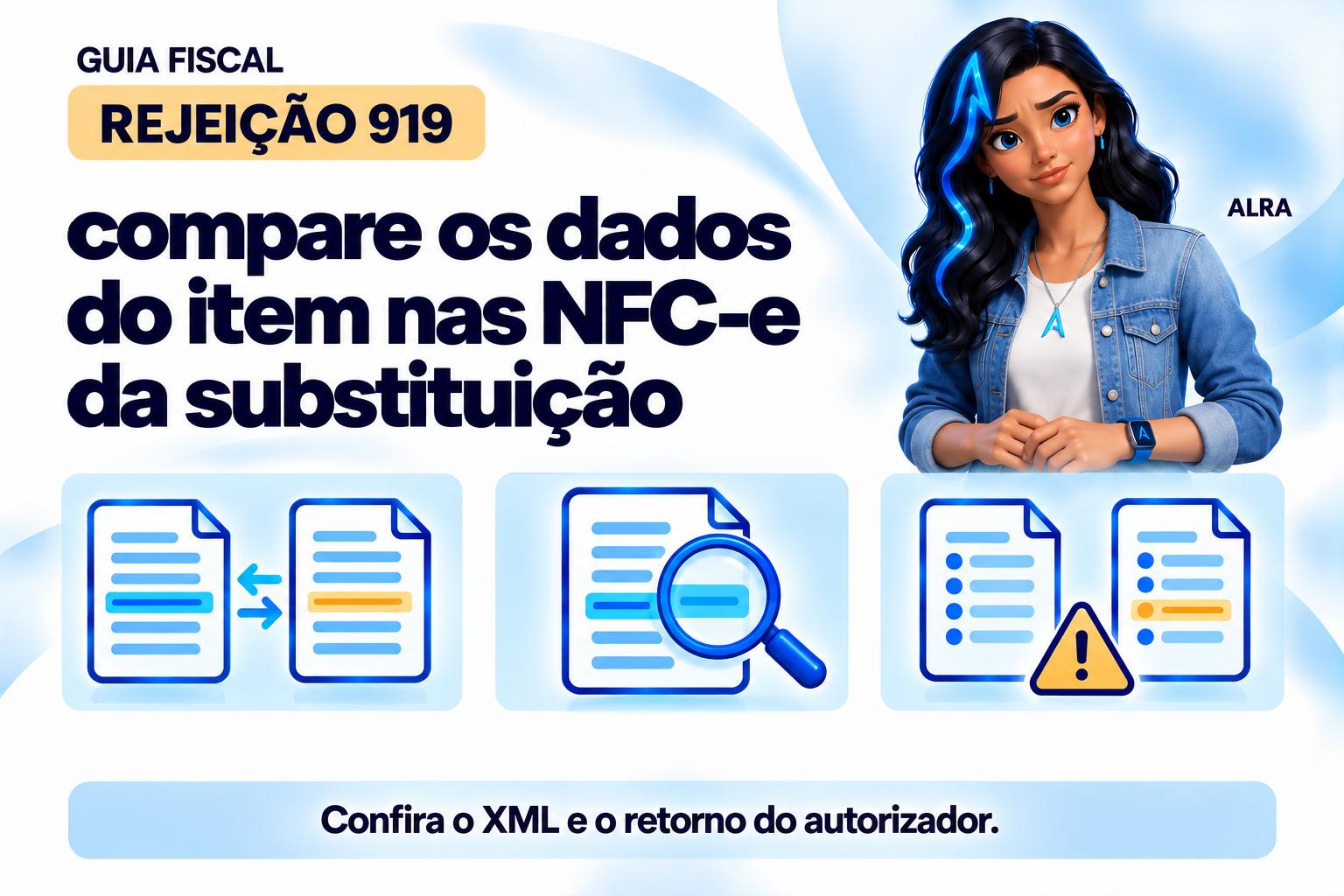 Capa ilustrada da ALRA: Rejeição 919: compare os dados do item nas NFC-e da substituição.